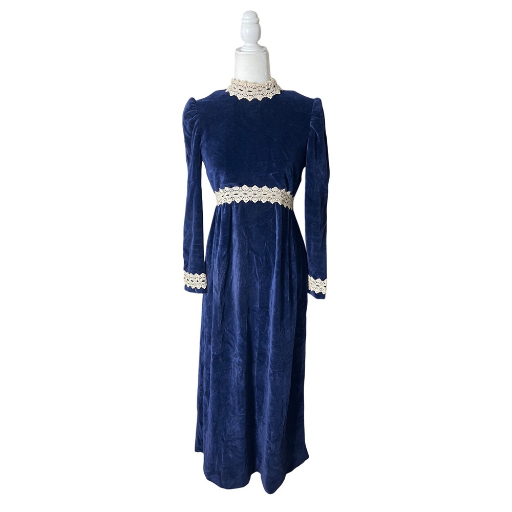 Vintage 1960s Handmade Navy Velvet Maxi Dress & Matching‎ Coat Set
